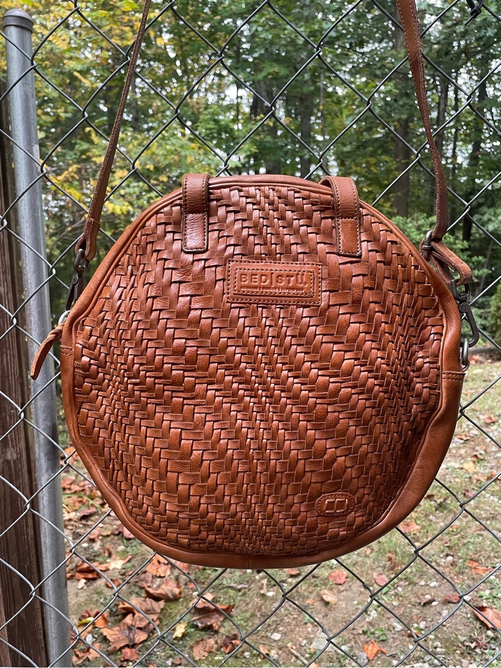Bed Stu Brown Leather Circular Woven Shoulder Crossbody Bag